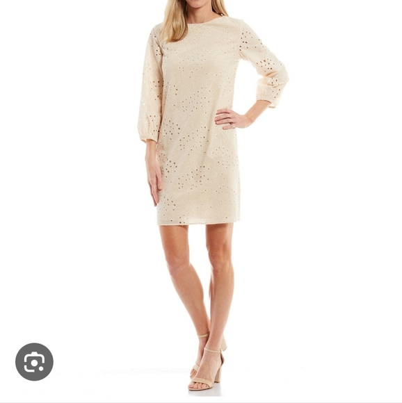 Preston & York Dresses & Skirts - Preston & York 3/4 Sleeves Eyelet Cream Mini Sheath Dress Size 14